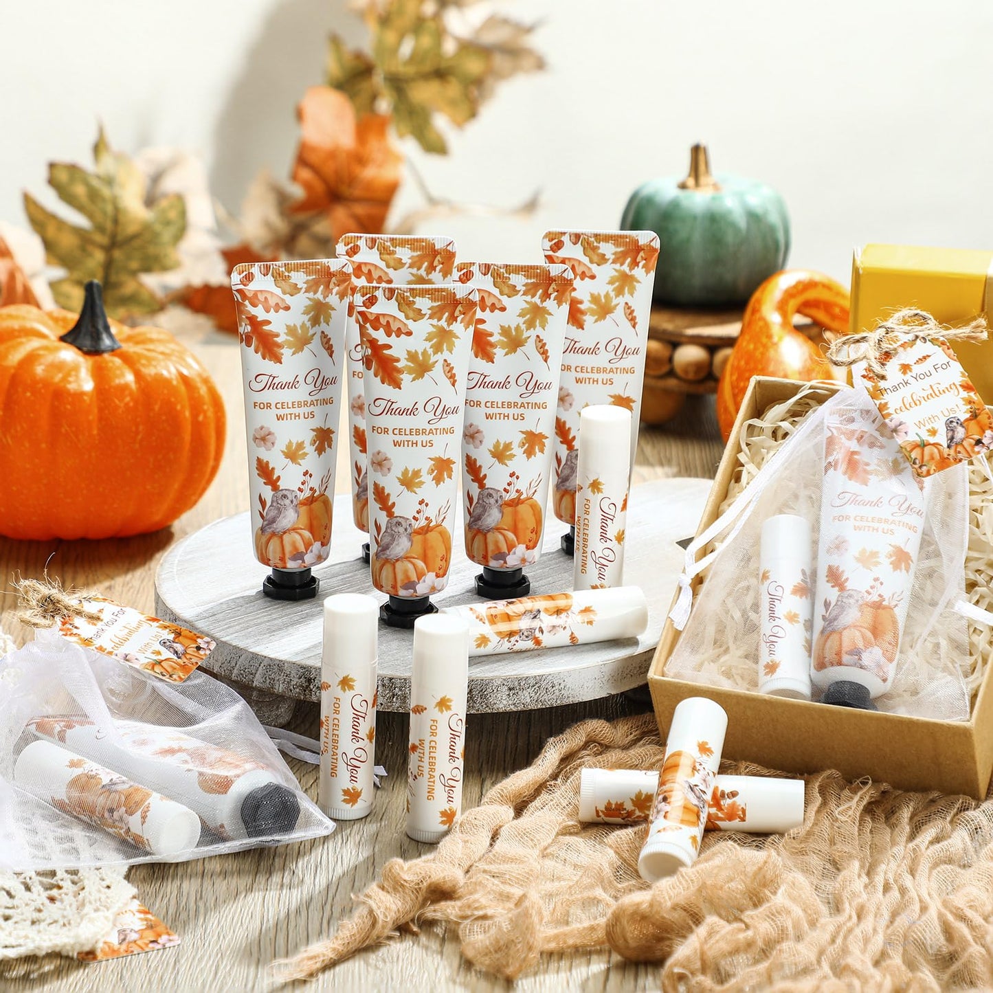Swiffen 48 Sets 192 Pcs Fall Pumpkin Baby Shower Gifts for Guests Pumpkin Owl Bridal Baby Shower Hand Cream and Lip Balm Autumn