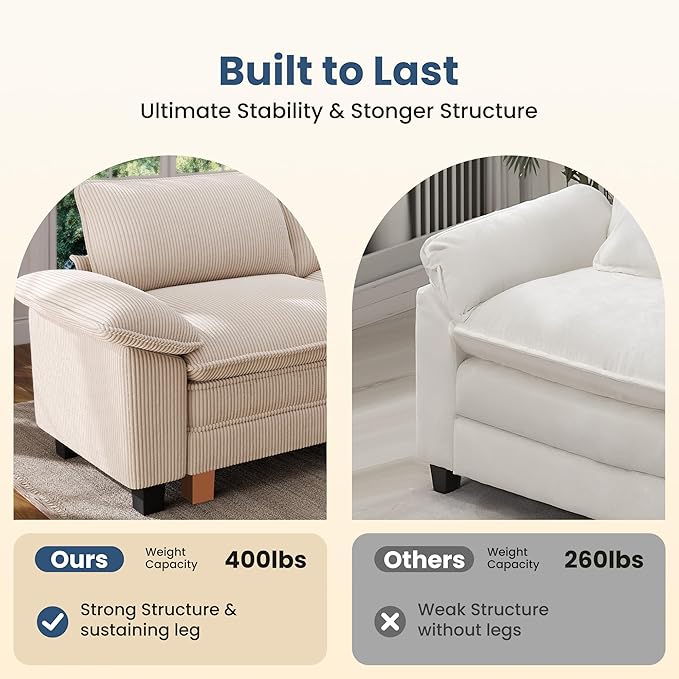 PHI VILLA Indoor Lounge Sofa Chair, One-Person Oversized Sectional Sofa with Ottoman, Single Chaise with Upholstered Deep Seat for Bedroom Reading, Chenille Fabric, Beige