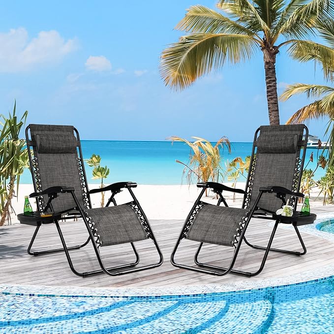 Tangkula Set of 2 Zero Gravity Chair, Folding Patio Lounge Chair Adjustable Outdoor Recliner with Cup Holder, Wide Armrest for Patio Garden Poolside Outdoor Yard Beach, Support 350 lbs (2, Grey)