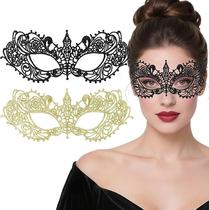 UV-BANS Masquerade Mask for Women - 2 Pcs Lace Black & Gold Masquerade Mask for Women Halloween Costume, Carnival, Mardi G...