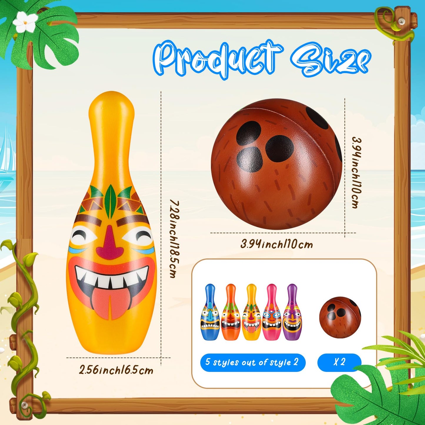 Harrycle 12 Pcs Luau Party Games for Kids Toddlers Adults Summer Tropical Hawaiian Bowling Set 10 Tiki Pins and 2 Cocout Balls Birthday Gifts for Yard Lawn Backyard Indoor Outdoor