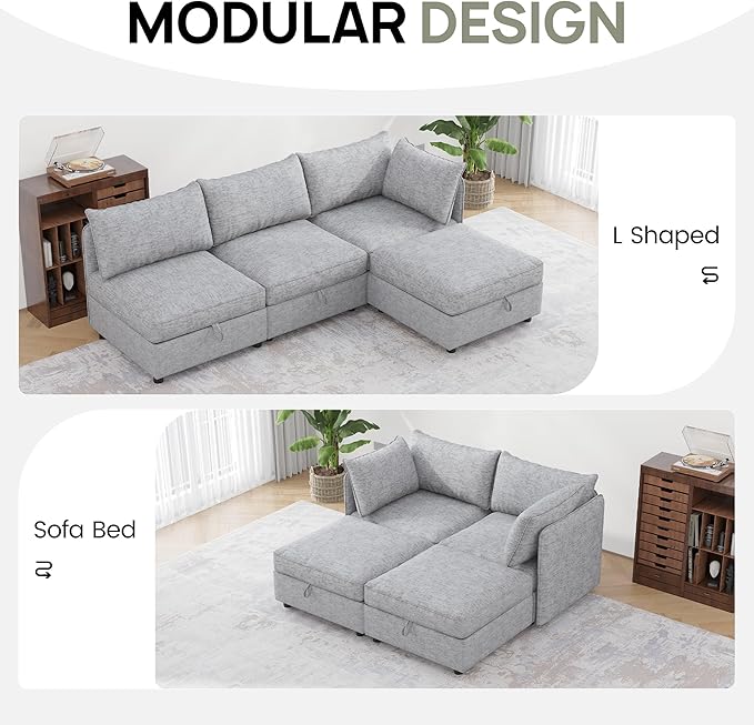 FIRLZY Modular Sectional 4 Seater Sofa with Removable Covers and Storage, Convertible L-Shaped and Sleeper Sectional, Modern Upholstered Couch with Removable Ottoman for Living Room, Gray