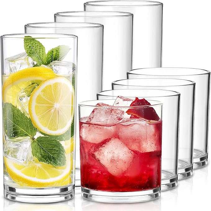 Plastic Drinking Glasses Set of 8, 14oz Rocks & 20oz Water Cups, Unbreakable Plastic Glasses Drinkware, Clear Kitchen Tumb...