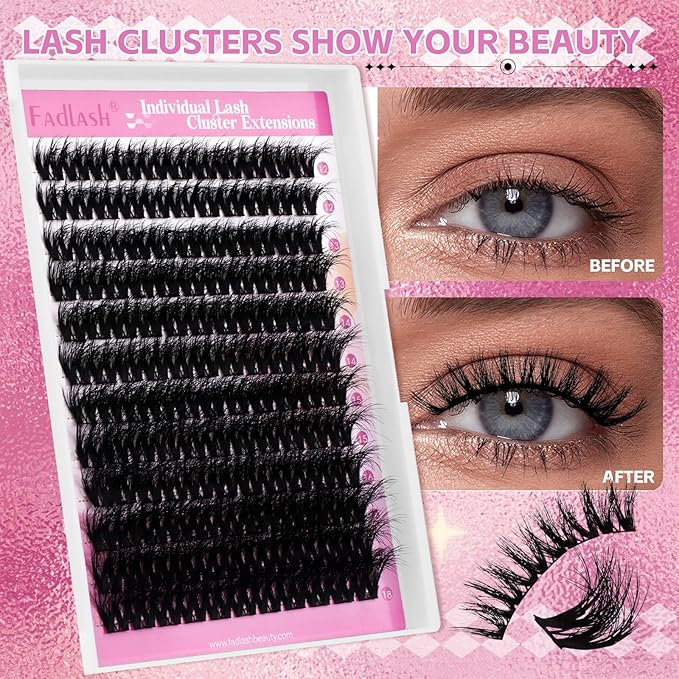 FADLASH Lash Clusters Eyelash Extensions 12-18mm Eyelash Clusters Individual Cluster Lashes D Curl DIY Lash Extension Clusters Volume (L01-Mix12-18)