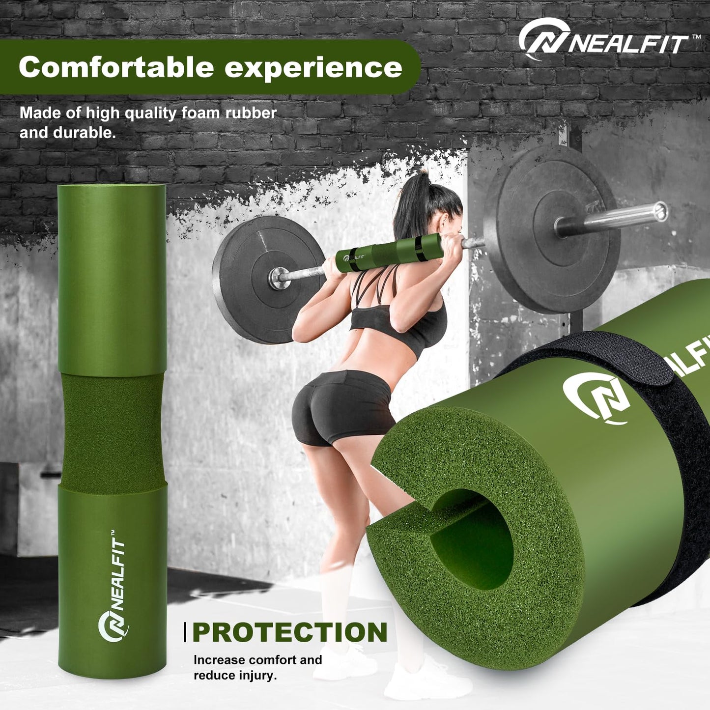NEALFIT Barbell Pad Squat Pad for Squats—Squat Bar Pad—Great for Weightlifting,Lunges and Hip Thrusts—Foam Sponge Pad—Fit Standard and Olympic Bars Perfectly (Army Green)