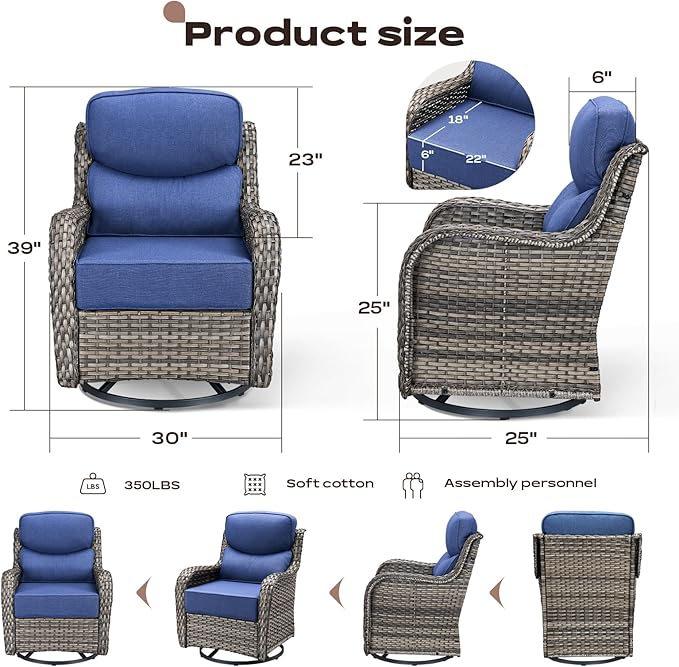 Rilyson Outdoor Patio Furniture Set - Weather Resistant Wicker,High Back,6 inch Cushions,3 Piece Patio Bistro Set with Swivel Rocker Chairs and Side Table for Deck Porch Yard,Mixed Grey/Blue