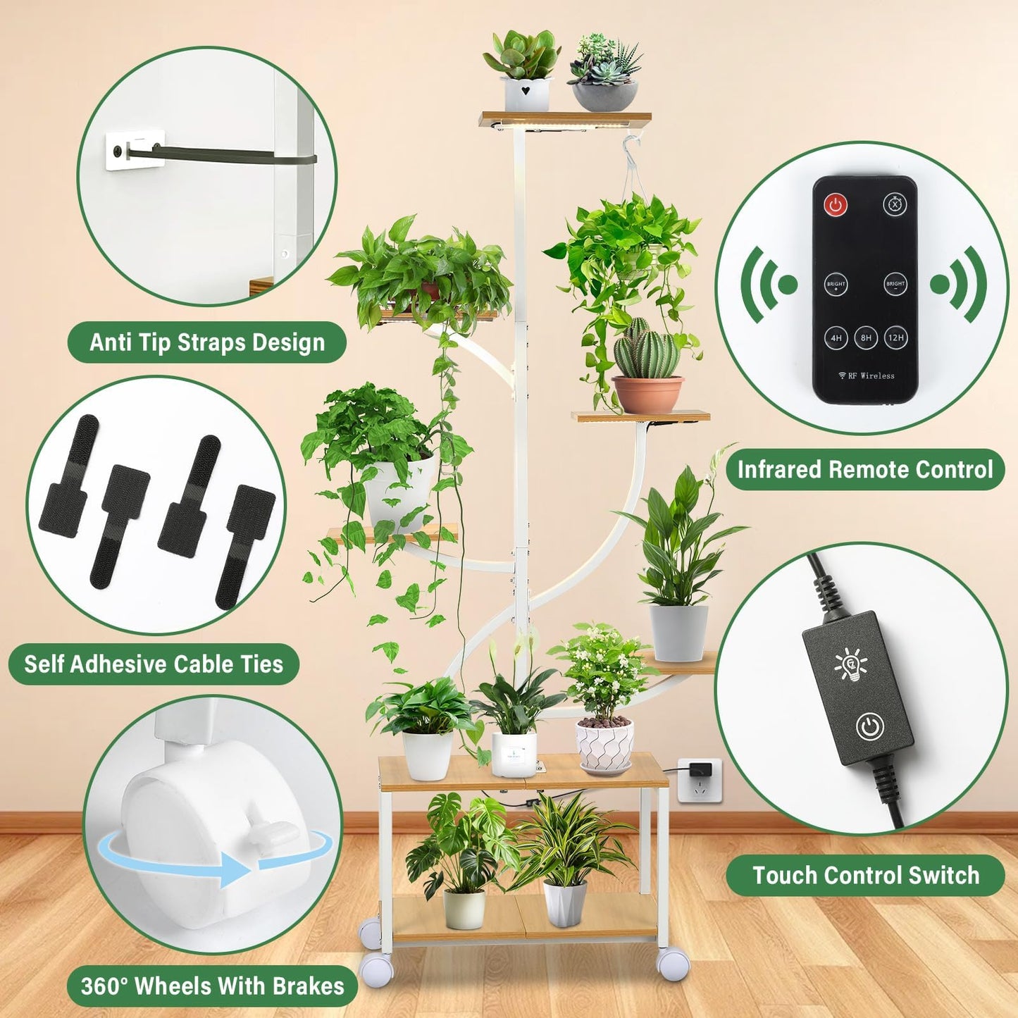 Bornerwhite Plant Stand Indoor with Grow Light, 7 Tiered Plant Shelf with Wheels, 61" Tall Metal Built-in Light Stand for Indoor Plants Display Rack for Living Room Corner Patio Balcony Garden (White)