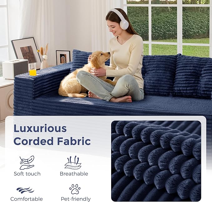 MAXYOYO 79" Oversized Boneless Loveseat Sofa Couch for Small Spaces, Mini Love Seat Floor Couch with Cup Holders and Pillows, 3-Seater Upholstered Cloud Couch for Bedroom, No Assembly Required