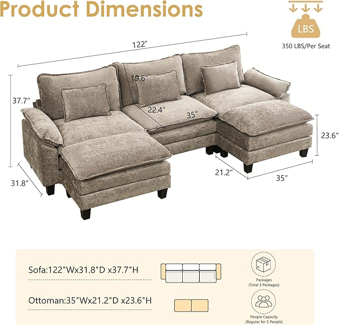 URRED Cloud Couch Modular Sectional Sofa, 122" Modern U Shaped Deep Seat Sofa with 2 Ottomans & Pillows, Ultra Comfy Chenille Couches for Living Room, Bedroom or Apartment, Khaki