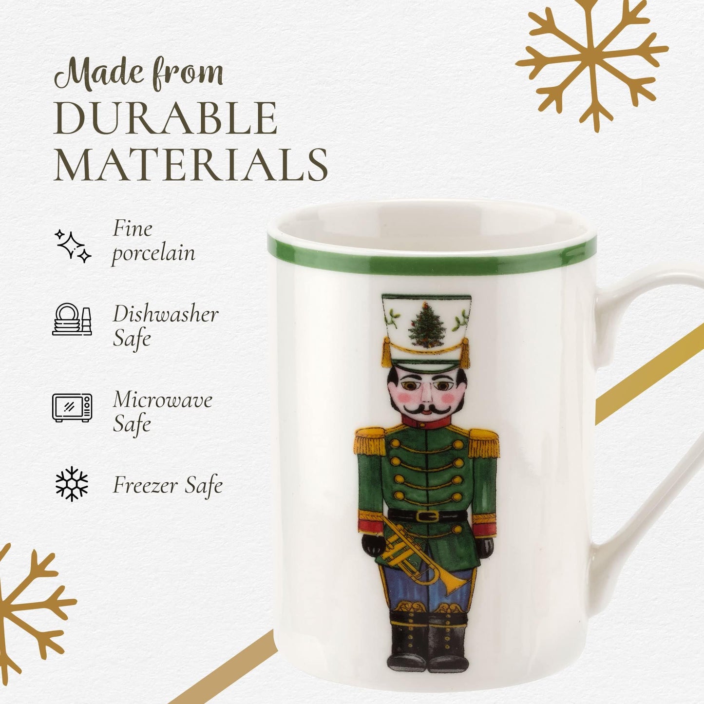 Spode Christmas Tree Nutcracker 10oz Mug & 8" Tray Set (3-Piece Set) - Festive Porcelain Mugs with Melamine Tray, Dishwasher & Microwave Safe - Holiday Gatherings & Entertaining
