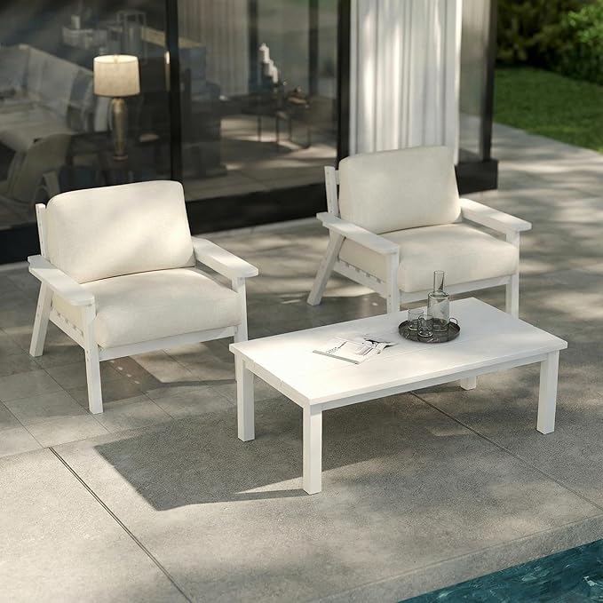 Patio Kingdom Patio Furniture Set with Washable Thick Beige Cushions, HDPE Outdoor Couch, All-Weather Outdoor Sectional Furniture, Patio Conversation Sets for Lawn, Garden, Porch (White Frame)