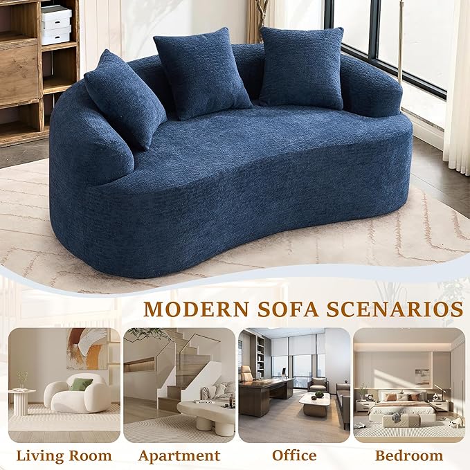 65'' Modern Curved Cloud Loveseat Sectional Sofa for Small Spaces, Luxury Plush Chenille Deep Seat Couch with 3 Pillows, No Assembly Needed Apartment Living Room Furniture, Blue
