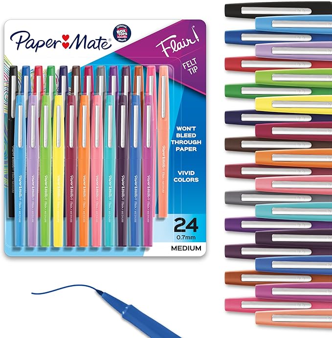 Paper Mate Felt Tip Pens, Flair Marker Pens, Medium Point, Assorted, 24 Count - Home, Office, Back to School, Teacher Supp...