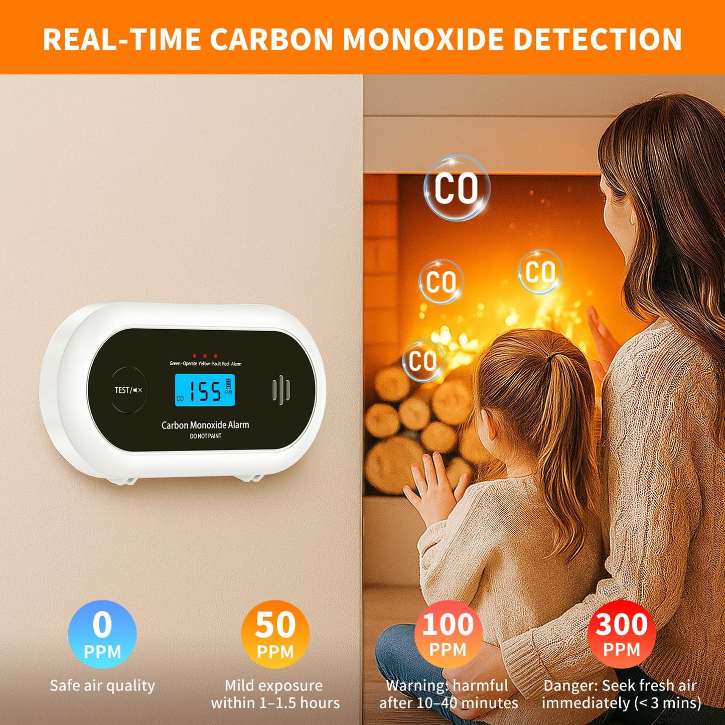 Carbon Monoxide Detector，Portable 10-Year Sealed Battery CO Alarm with LCD Display, CO Detector for Home ，Office and Travel
