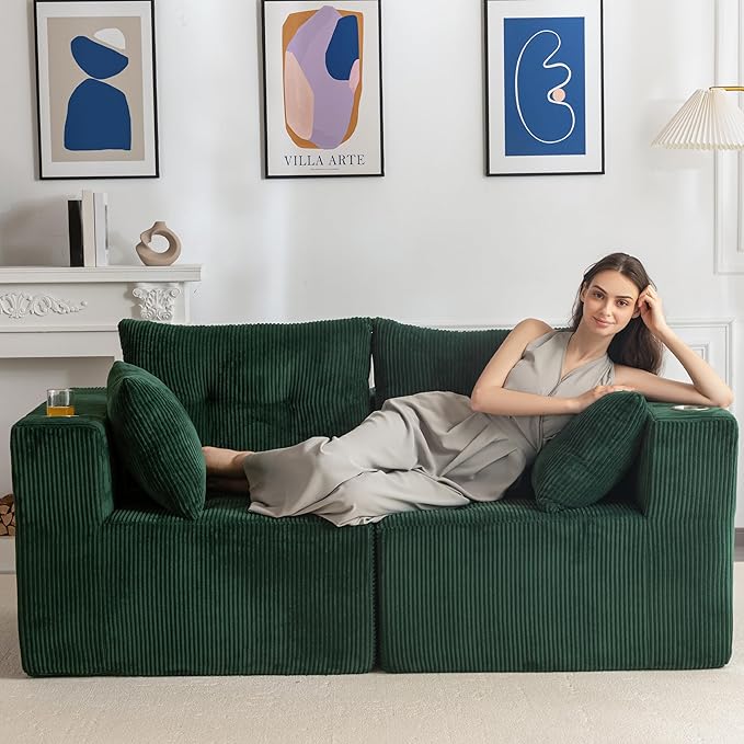 MAXYOYO Modular Sectional Sofa Couch, Loveseat Boneless Cloud Couch for Living Room, Sofa in A Box, Upholstered Cozy Chair with Tufted Craft, No Assembly Required, Green