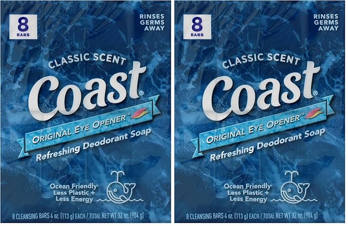 Coast Refreshing Deodorant Soap Bar - 8 Bars - Thick Rich Lather Leaves Your Body Feeling Energized And Clean - Classic Pacific Force Scent (Pack of 2)