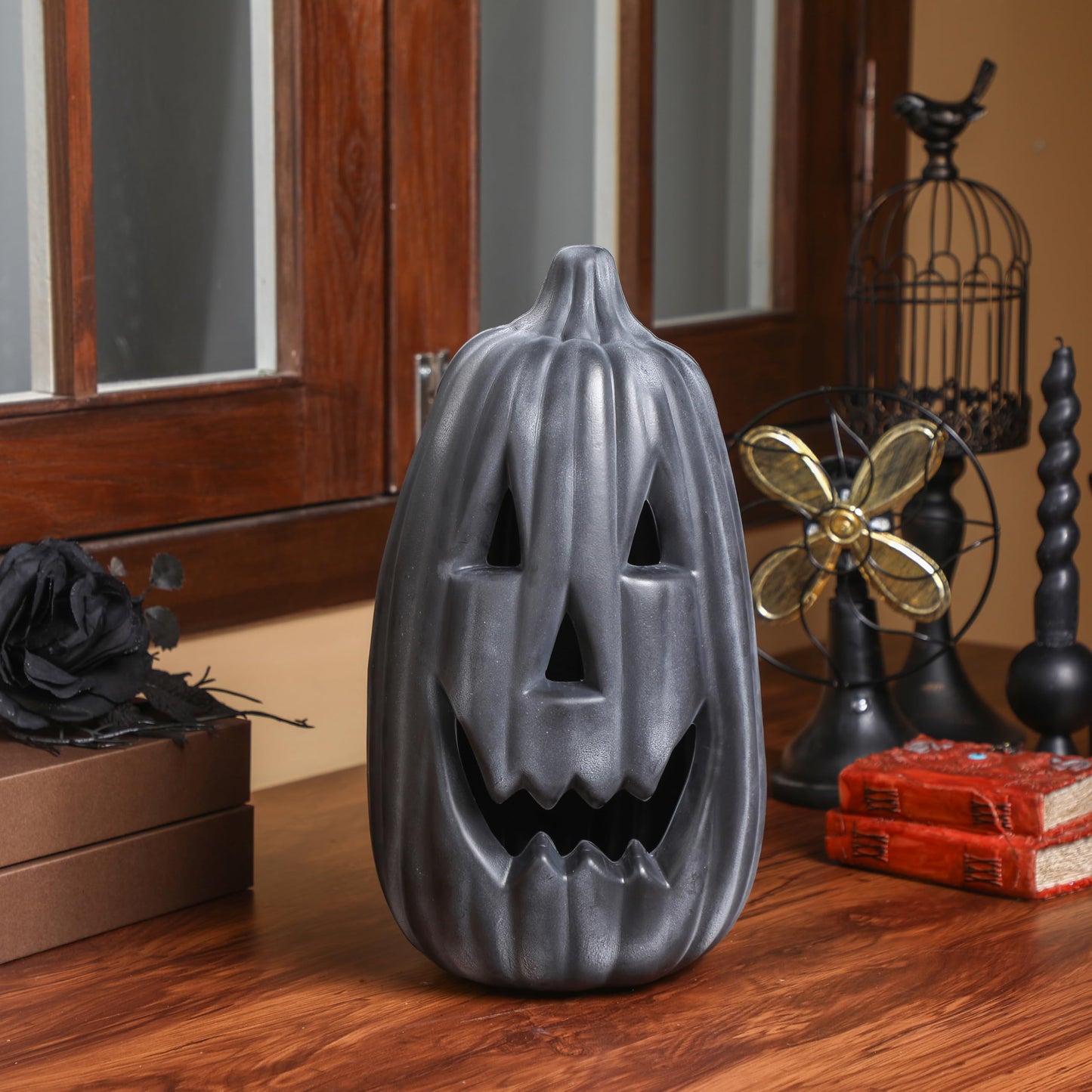 Jingmore 13.4 Inch Black Pumpkin Decoration Large Plastic Jack O' Lantern Reusable Carved Pumpkin Lantern for Thanksgiving Halloween Fall Indoor Outdoor Decor Party Centerpiece