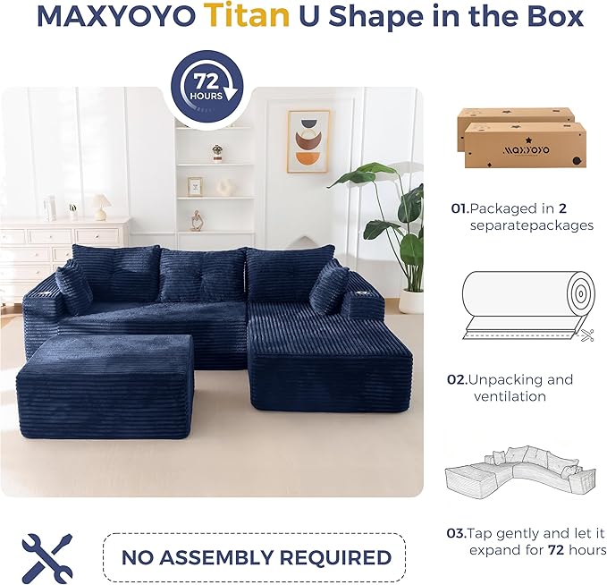 MAXYOYO 104" U-Shaped Modular Sectional Couch, Modern Boneless Couch for Living Room, Sofa in A Box, Oversized Sofa Sleeper with Deep Seat, No Assembly Required, Navy