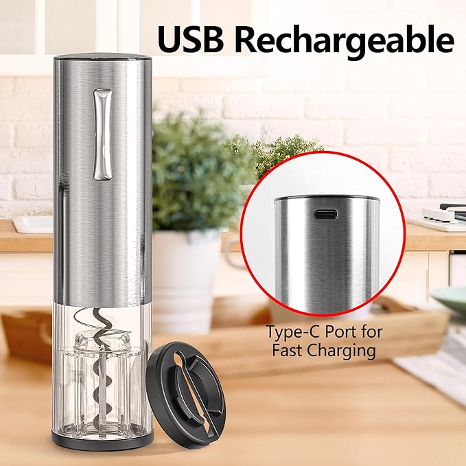 Electric Wine Opener, Rechargeable Automatic Wine Bottle Opener with Foil Cutter, Wine Stopper, LED Light, Type-C Charging Wine Corkscrew for Home Party Wedding, Stainless Steel