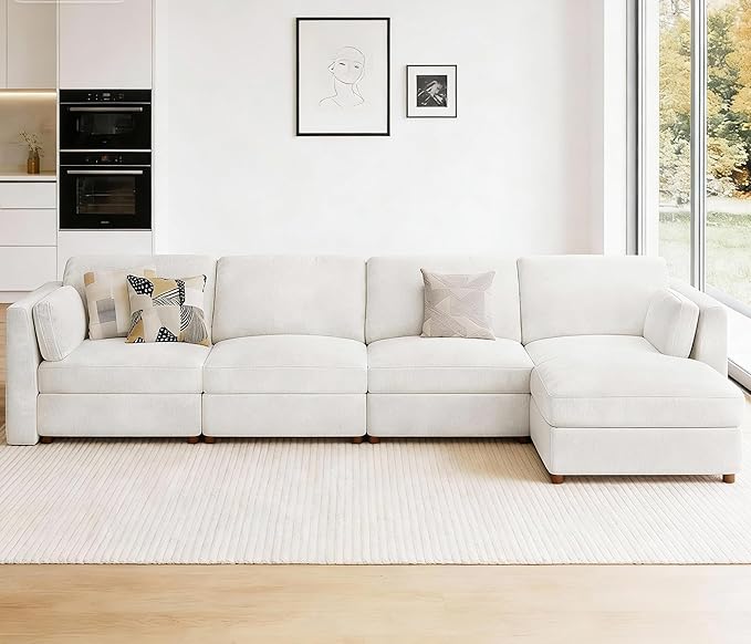 CUGOAO 153.4'' Modular Sectional Sofa, Oversized L-Shaped Sectional Couch with Ottoman, Deep Seat Chenille Cloud Couch, Mordern Upholstered Couches for Living Room, Apartment, Office, Beige