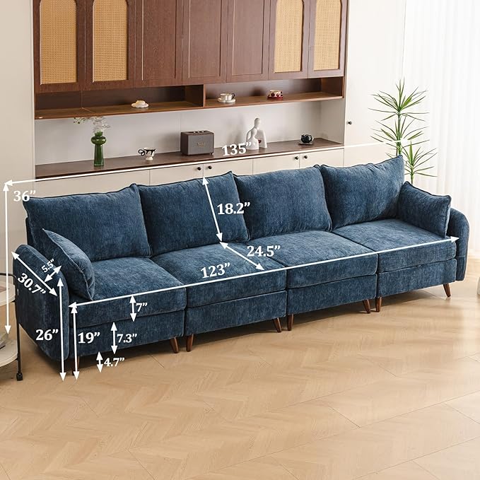 Rexulqo 135'' Modular Sectional Sofa with All Seats Storage,Oversized 4-Seater Comfy Cloud Couches with 7.8'' Thick Cushion,24.5'' Deep Seat,Big Couch for Living Room,Bedroom,Velet,Blue