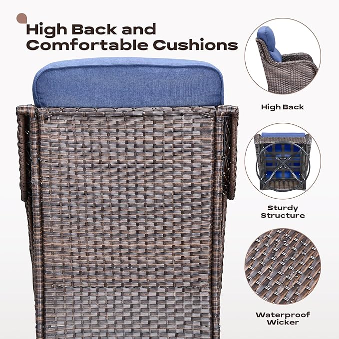 Rilyson Outdoor Patio Furniture Set - Weather Resistant Wicker,High Back,6 inch Cushions,6 Piece Patio Furniture Set with Swivel Rocker Chairs and Side Table for Deck Porch Yard,Brown/Blue