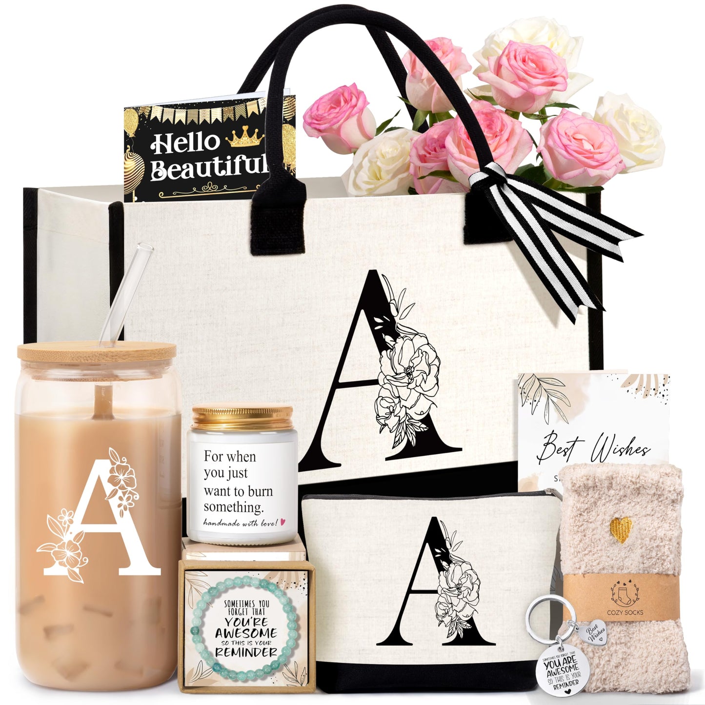 Birthday Gifts for Women, Monogrammed Initial Gift for Teacher Wife Mom, Tote Bag,Glass Cup Gift Basket Personalized Christmas Mother's Teacher Appreciation Day,A