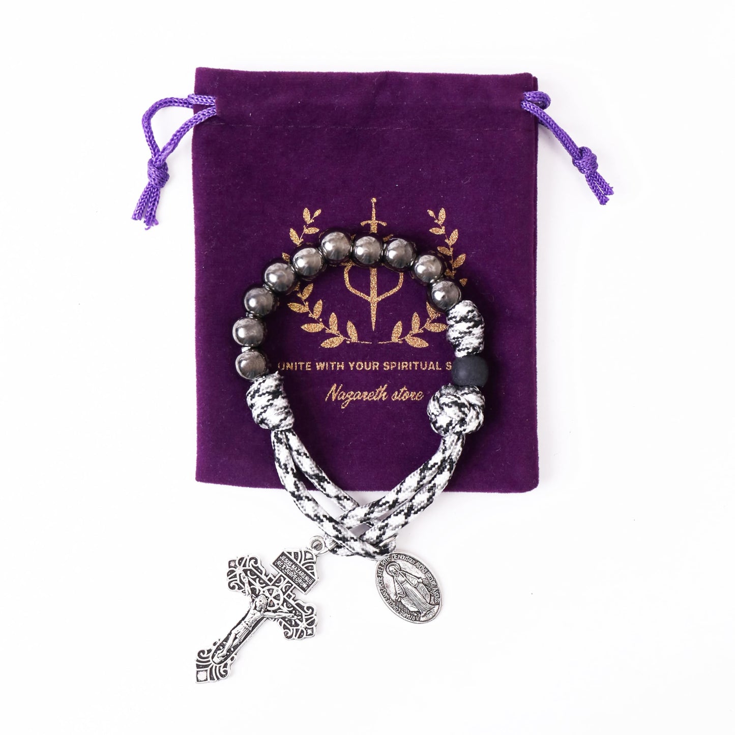 Nazareth Store One Decade Black & White Paracord Rosary Dark Silver Beads Pocket Car Rosary Protection Miraculous Medal & Jesus