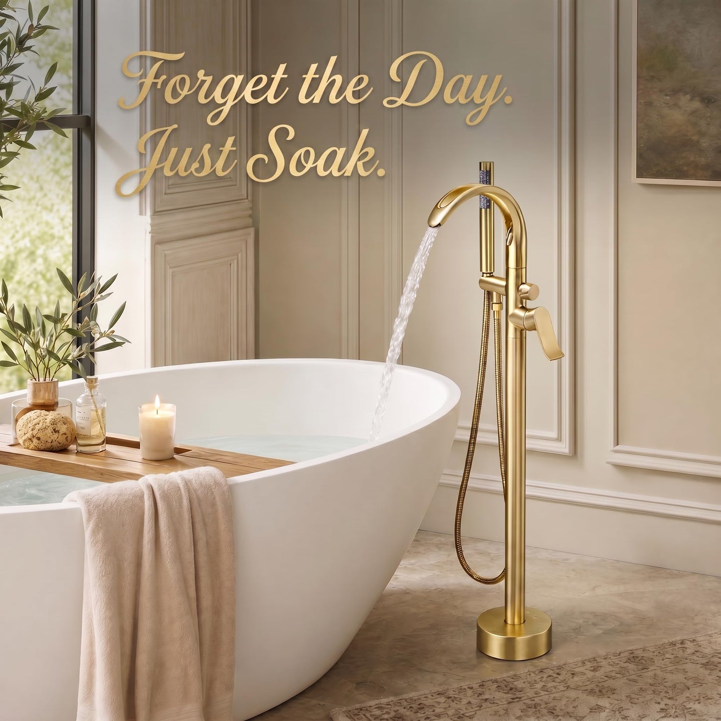 GOODBEING Freestanding Bathtub Faucet Stand Alone High Flow Brass Brush Gold Tub Filler, Free Standing Unique Bath Tub Faucet with Sprayer, Tub Shower Faucet Set (BG-Waterfall)
