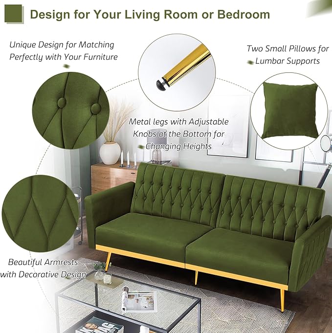 ACMEASE 70” Velvet Futon Sofa Bed w/Adjustable Armrests & 2 Pillows, Convertible Futon Couch w/Adjustable Backrests, Modern Sleeper Bed for Living Room, Bedroom, Olive Green