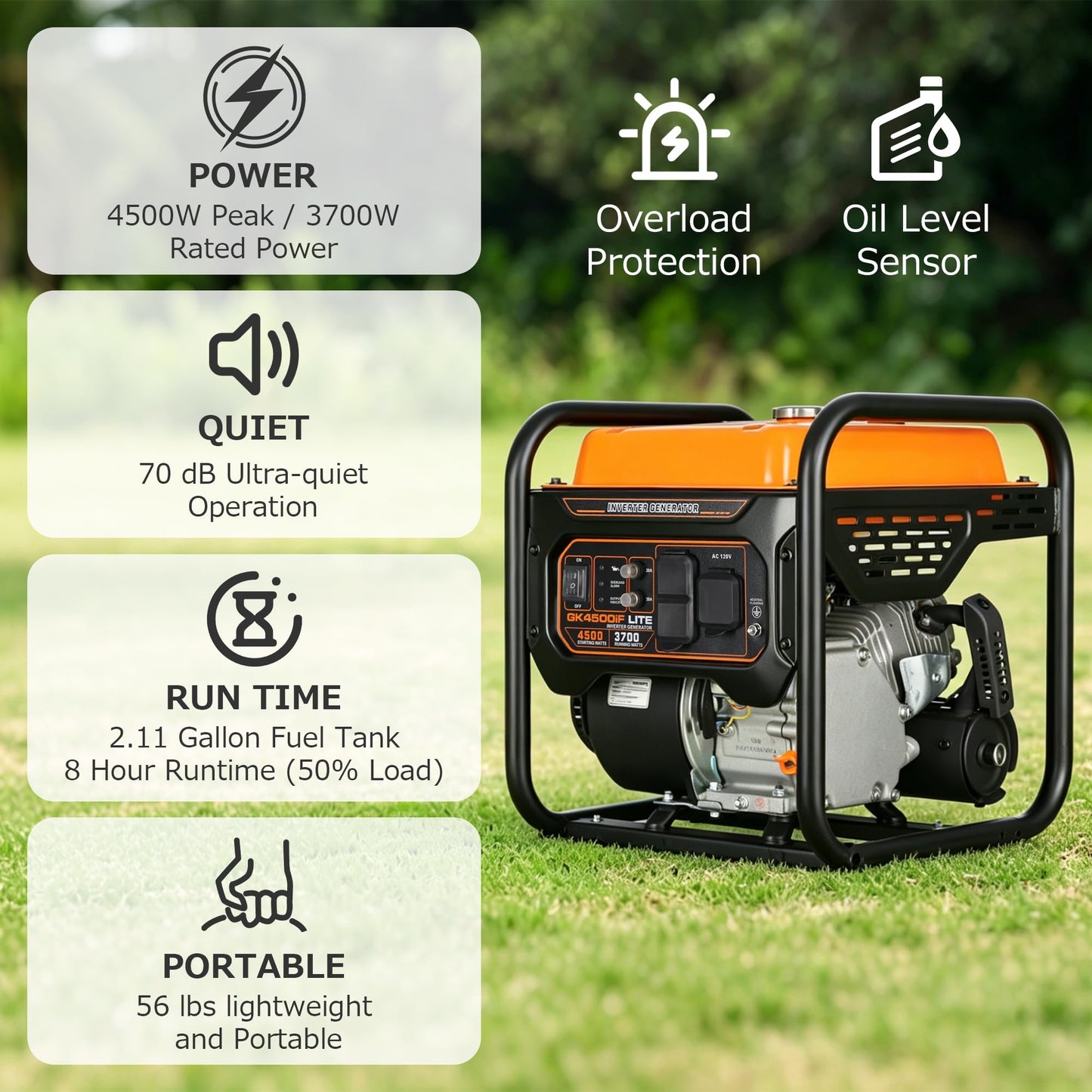 Genkins 4500 Watt Open Frame Inverter Generator 30 Amp Pure Sine Wave Noise Reduced 50% 55lbs EPA complied Gas Powered
