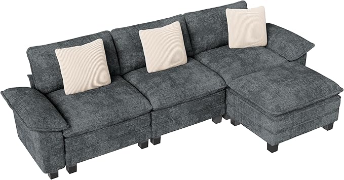 MIXPATIO 123-Inch L Shaped Sectional Sofa with Cloud Cushions, Deep Seat Modular Couch Set w/ 4 Seats & 1 Ottomans, Removable Arms, Plush Chenille Upholstery for Living Room, Apartment - Cyan