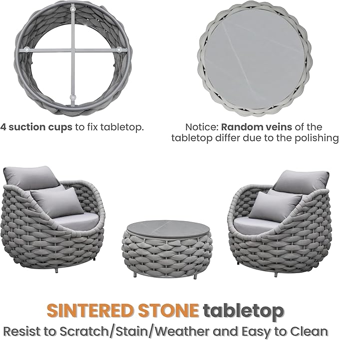 Erotr Front Porch Furniture Set: 3 Pieces Aluminum Patio Conversation Sofa Set for 2 - All Weather Woven Rope Outdoor Armchair Set w/Cushions No Assembly for Bistro Pool Yard Balcony Deck Hotel, Gray