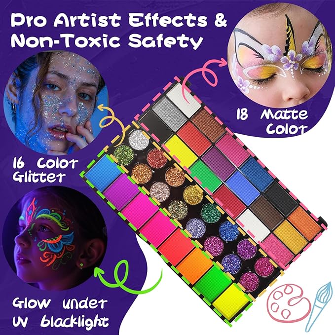 SAM SUGAR Face Painting for Kids 42 Colors Non-Toxic Vibrant Colors Professional kids face painting with 16 Crayons 56 Sticky Stencils 12 Paint Brushes for Halloween Parties