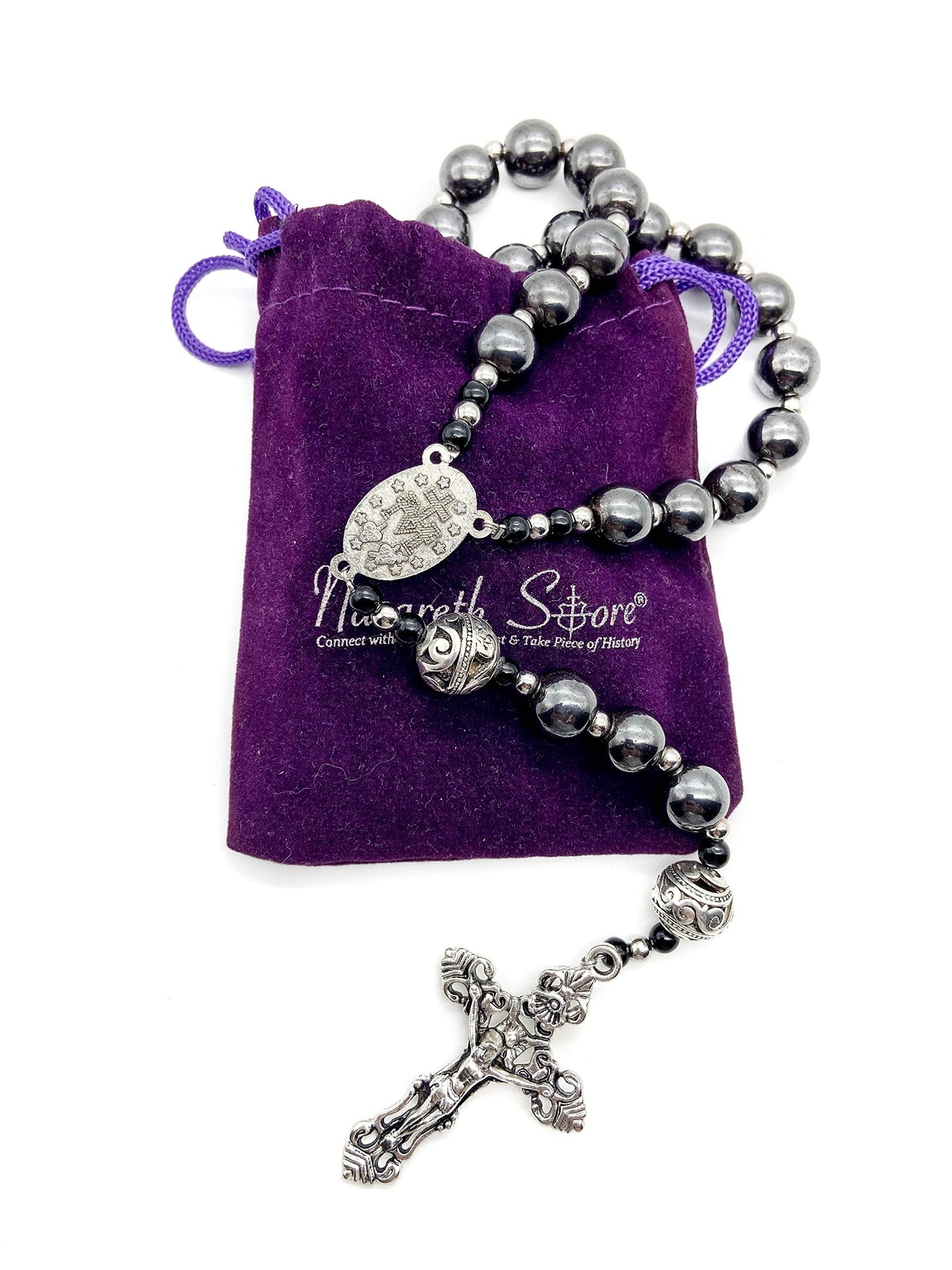Nazareth Store Hematite Rosary Black Stone Beads Necklace Metal Beaded Miraculous Medal & Cross Rosary For Men and Womens NS