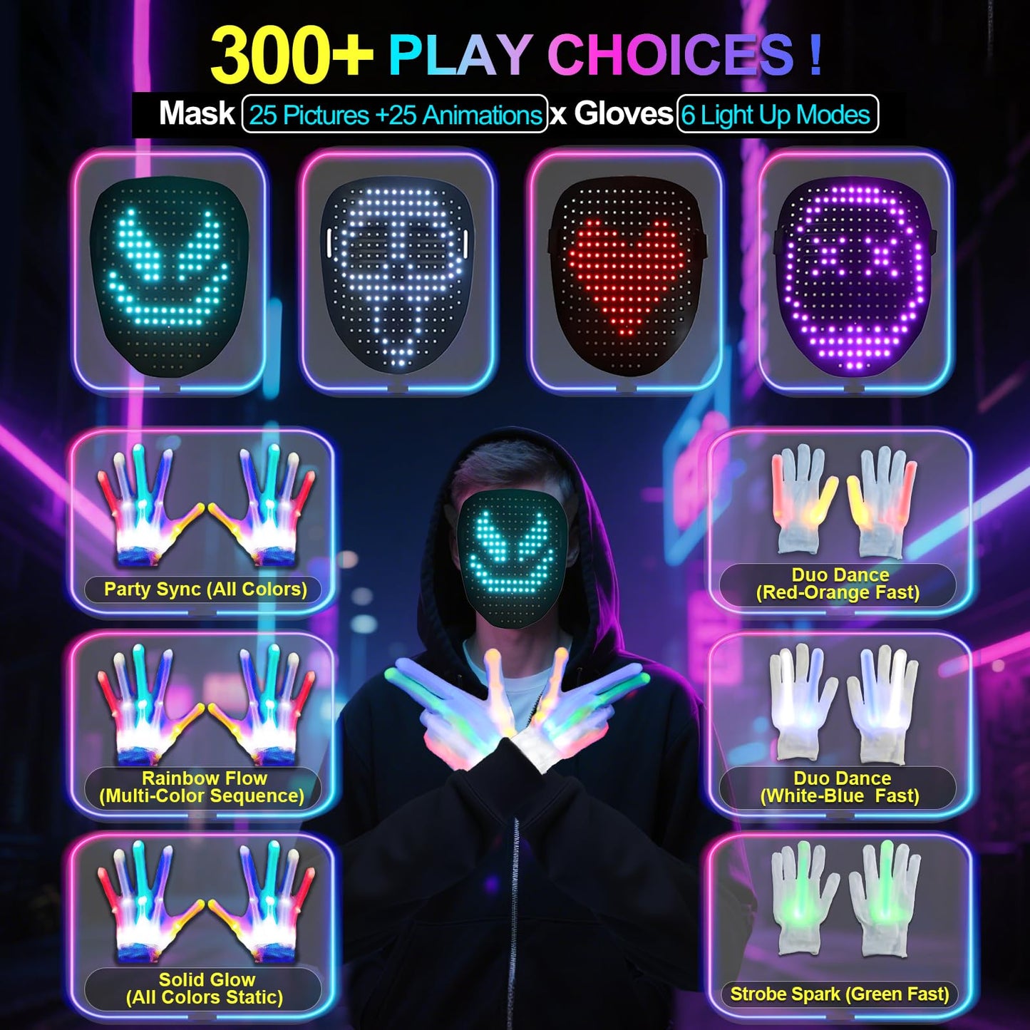 LED-Mask Gloves Halloween-Costumes For Men Adult Teen 2025, Gesture Sensing Rechargeable Light Up Face Cosplay Glow in Dark, Purge Terrifier Scary Cool Birthday Gifts For Kids Boys Girls Age 8 9 10+