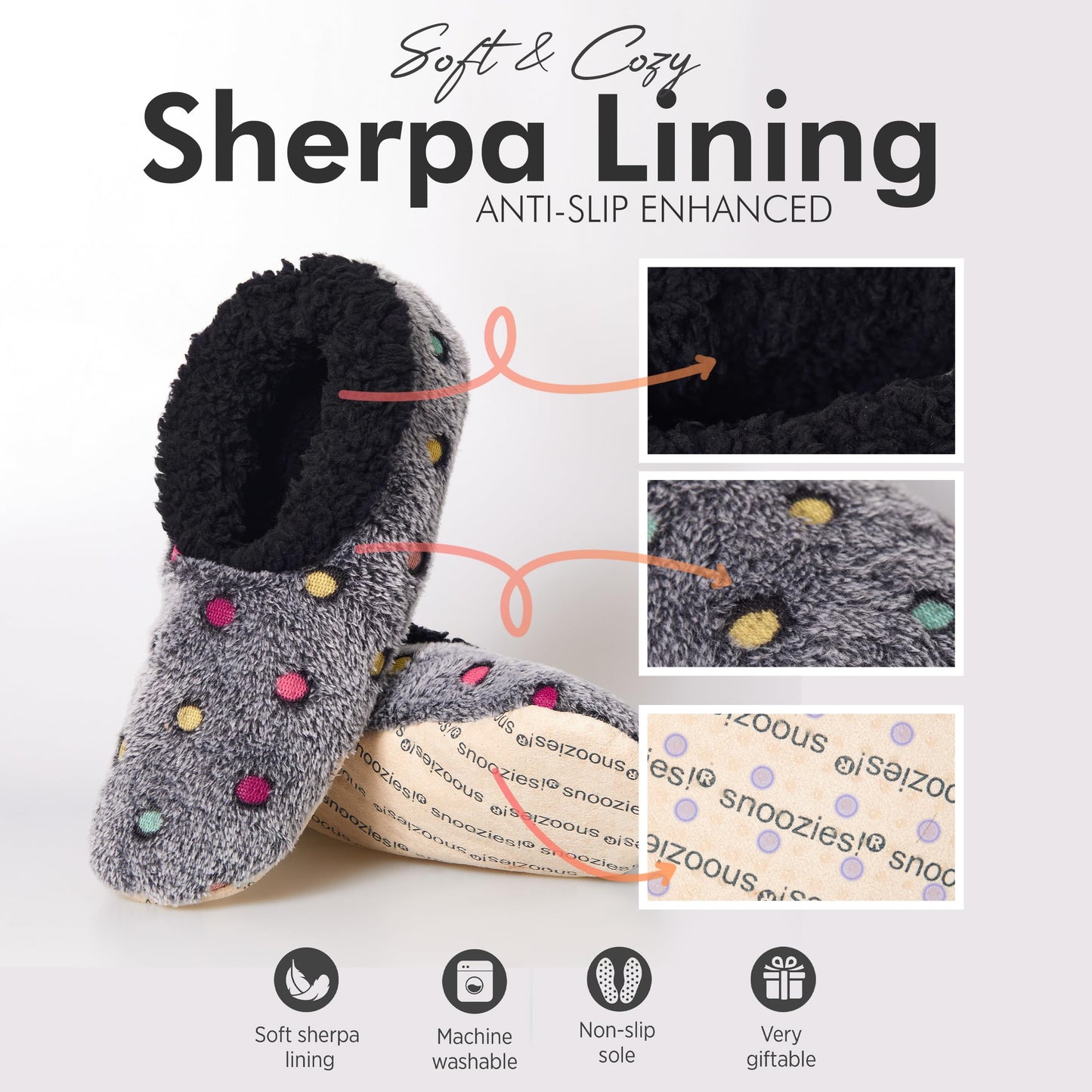 Snoozies Slippers for Women | Lotsa Dots Colorful Cozy Sherpa Slipper Socks | Womens House Slippers | Cozy Slippers for Women | Fuzzy Slippers | Black | Large