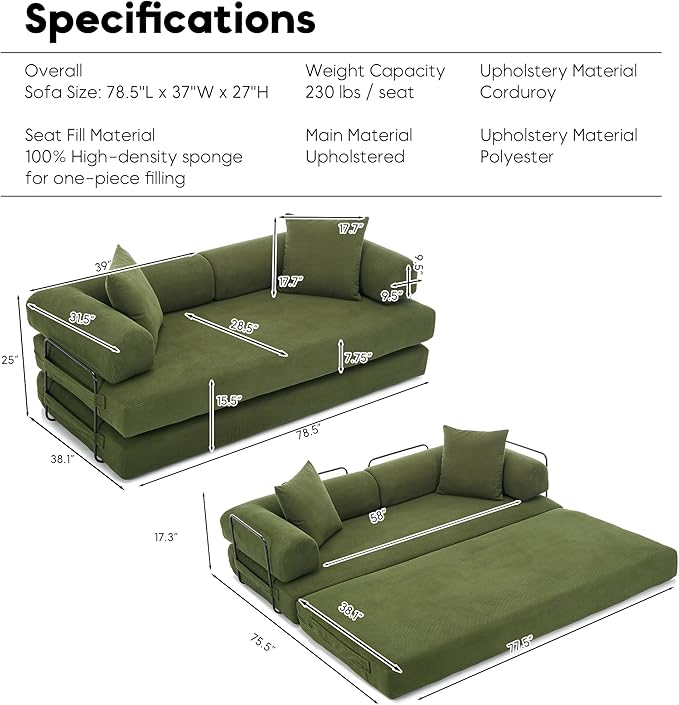 ZEIINPA Convertible Sleeper Sofa Bed with Cylindrical Pillow, Corduroy Folding Mattress Couch with Fixed-Shape Frame, Floor Sofa Lounge Couch for Living Room Bedroom Lounge Studio-Green