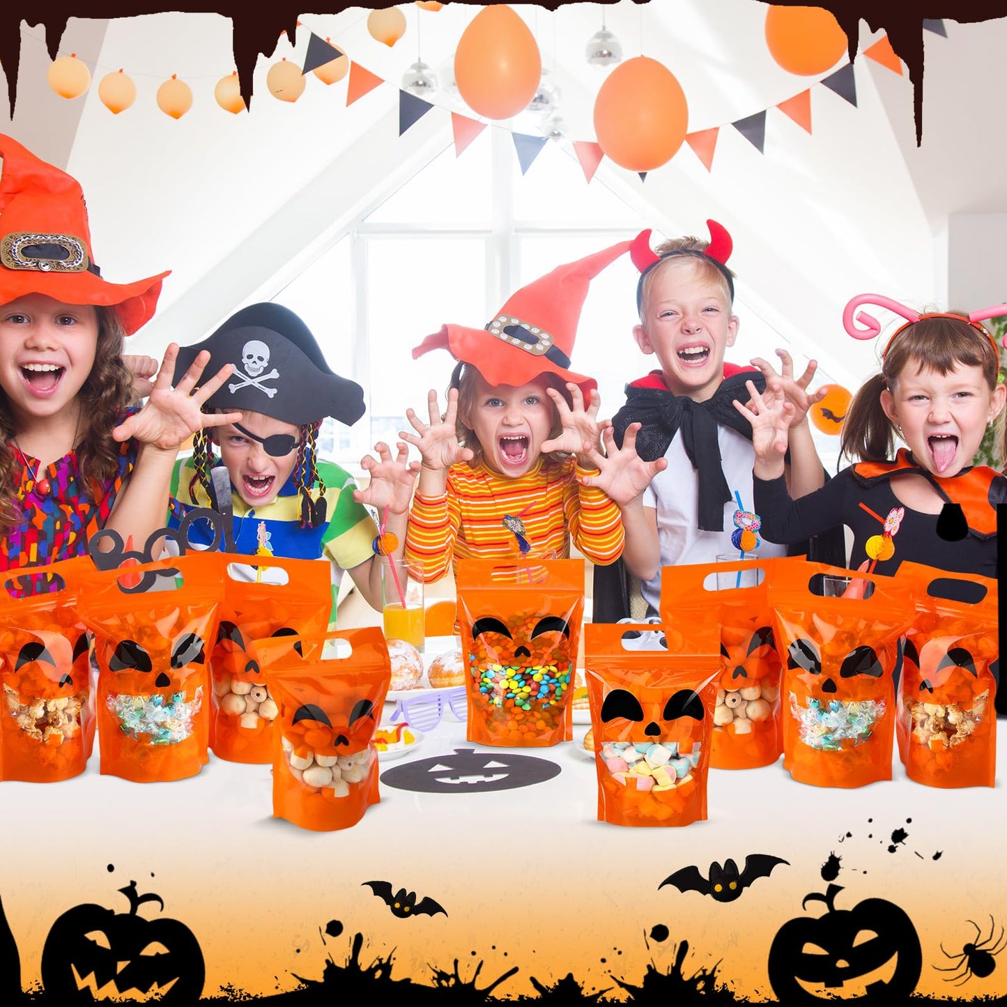 Blosssound 50 Pcs Halloween Plastic Bags Trick or Treat Sealed Bags with Handles Pumpkin Favor Pouches for Home Trick or Treat Party Candy Guests Gift Wrapping Supplies Decor (Halloween)
