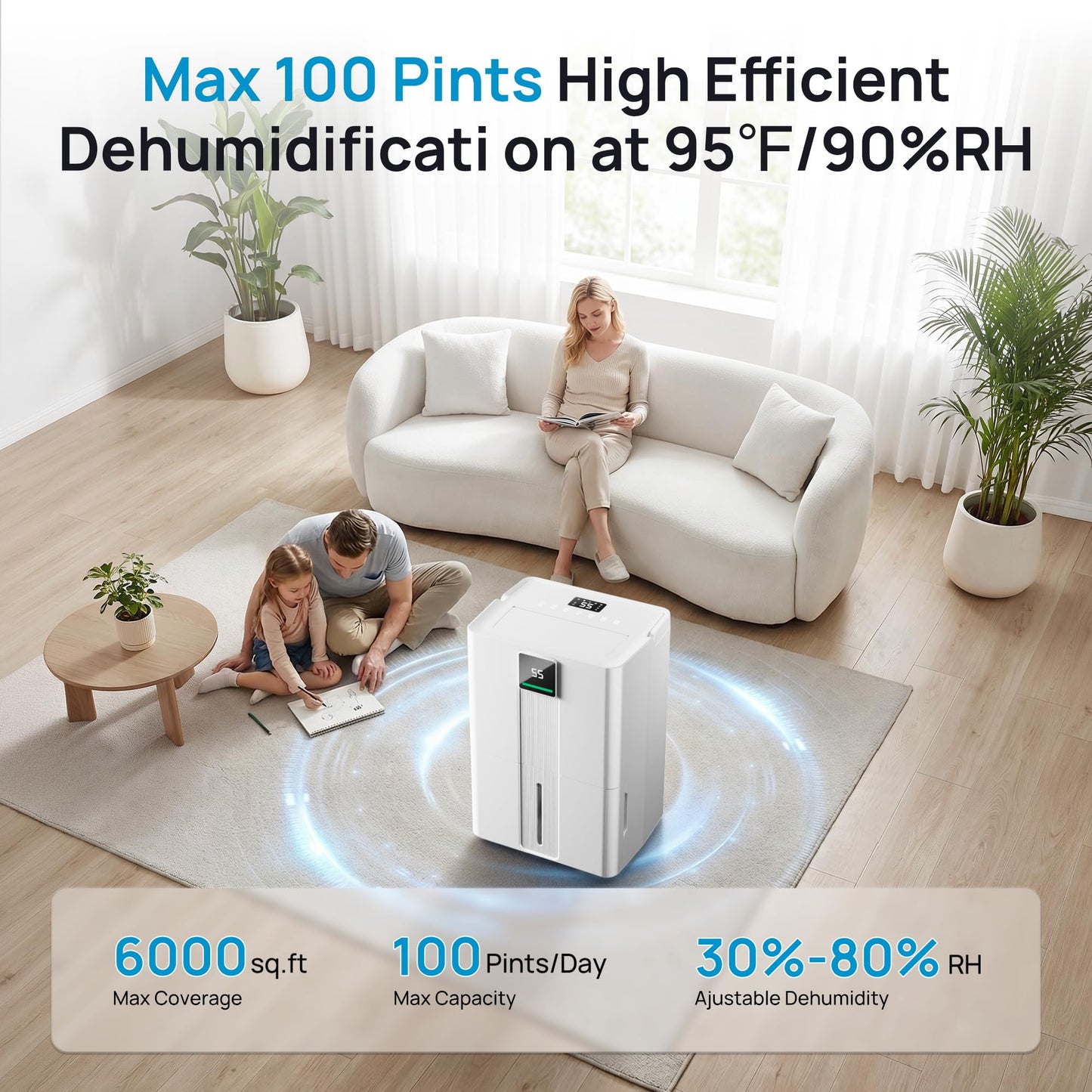 Uthfy 6000sq.ft Large Dehumidifier for Basement, Max 100 Pints Dehumidifiers with Drain Hose, 5.5Gal Detachable Water Tank, 2 LED & 3 Colors Display, Child Lock, Wheels&Handle for Whose House, Bedroom