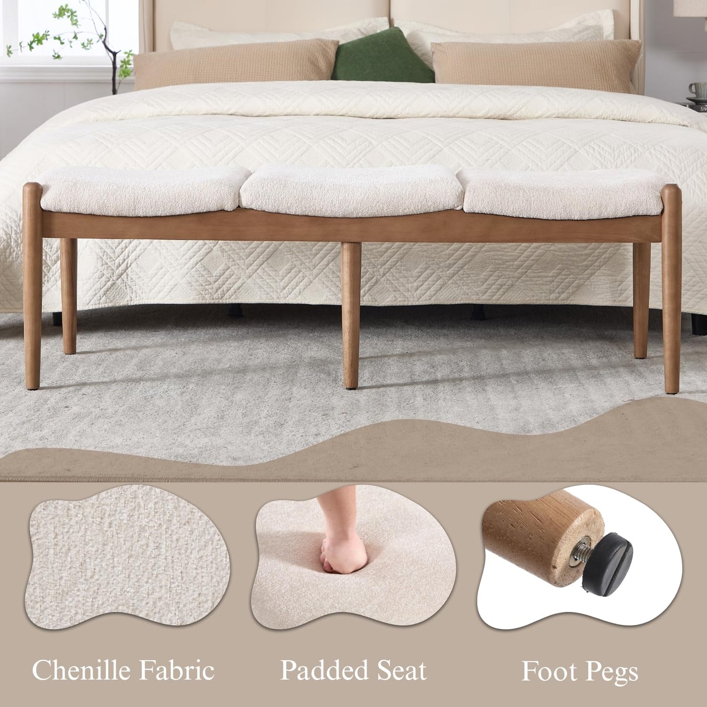DUOMAY 55'' Modern Ottoman Bench, Chenille Upholstered Entryway Bench Bedroom Bench with Wood Legs, End of Bed Bench for Bedroom, Living Room, Corners, Kitchen, Beige