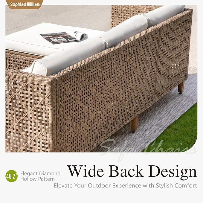Sophia and William Boho Wicker Patio Furniture Set, Outdoor Rattan Sectional Sets Conversation Set - Weather-Resistant, with Dual Storage Coffee Table Acacia Wood Legs for Garden, Patio & Deck(Beige)