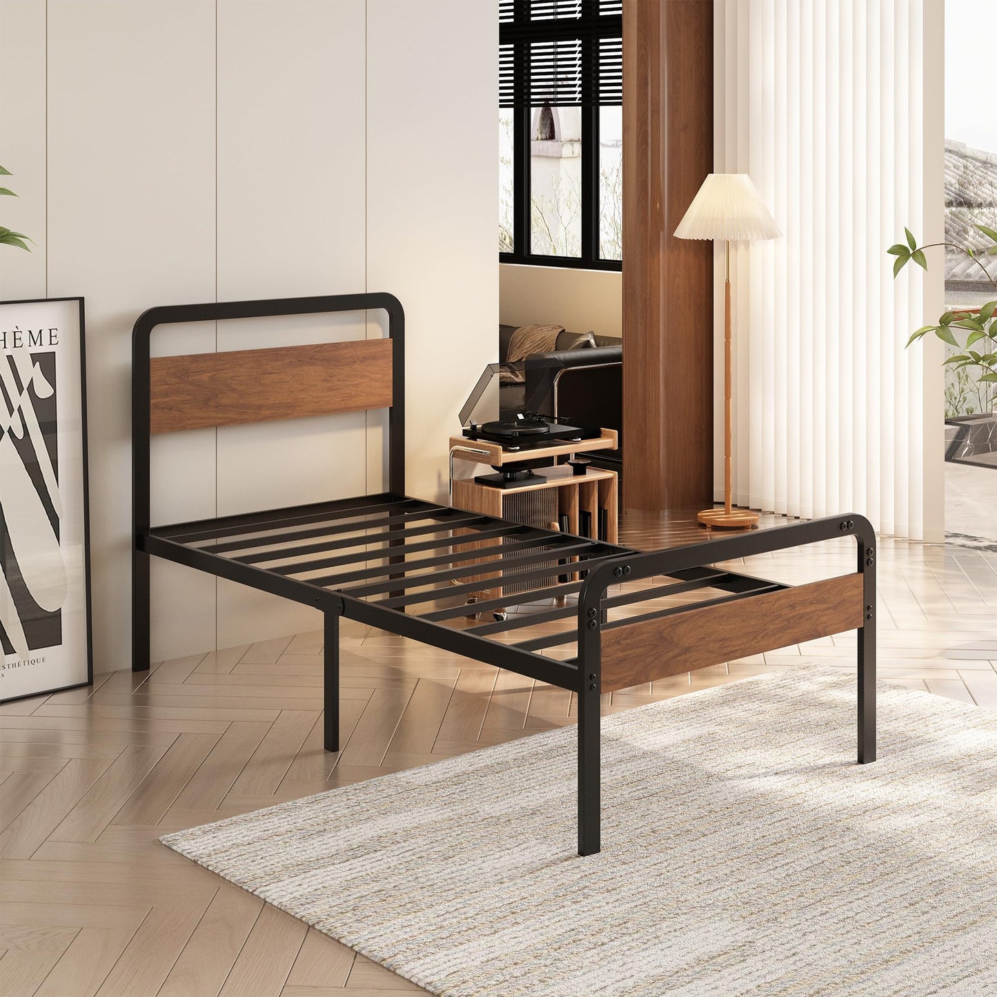 EMODA 16 Inch Twin Size Bed Frames with Wooden Headboard and Footboard, Heavy Duty Metal Slats Support Mattress Foundation, No Box Spring Needed, Easy Assembly