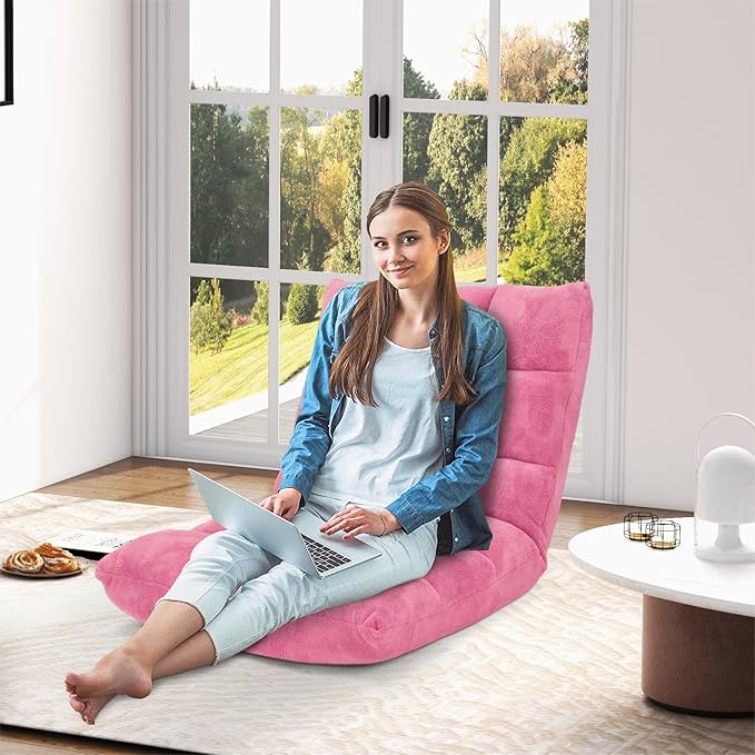 Folding Floor Chair w/Back Support, 14-Position Adjustable Lazy Sofa Chair w/Coral Velvet Fabric & Alloy Steel Frame, Portable Meditation Chair for Reading, Gaming,Sleeping (Pink)