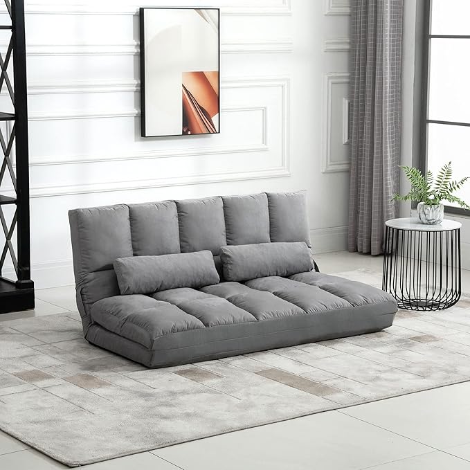 HOMCOM Convertible Floor Sofa Chair, Folding Couch Bed, Guest Chaise Lounge with 2 Pillows, Adjustable Backrest and Headrest, 51.25" L, Light Gray