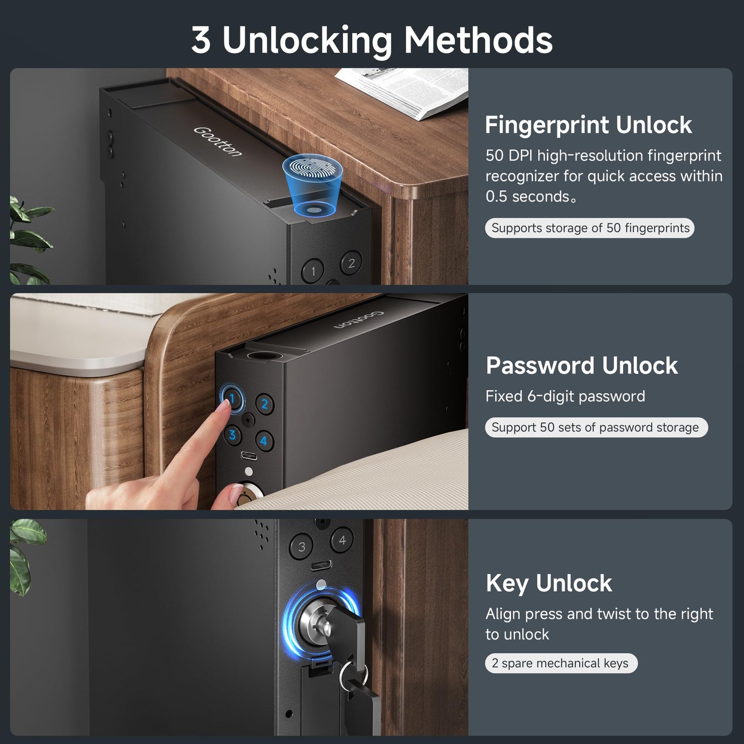 Vehicle Gun Safe for Handgun with Fingerprint, Keypad, Key, Biometric Car Gun Safe for Pickup, SUV, Truck, Large Sedan and Hatchback, Quick Access Auto Pop-Up Pistol Safe for Nightstand Beside