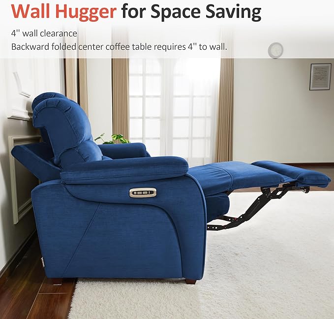 MCombo 87.2'' Wall Hugger Power Recliner Sofa with Drop Down Table, Reclining Sofa with Adjustable Headrest, USB Charge Ports, Reading Lamp, for Living Room, RVs, Fabric, ST258M3 (3-Seater, Navy Blue) | Zero Wall Hugger