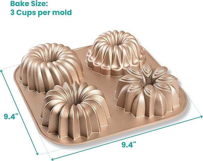 Baker's Secret Nonstick for Fluted Cake Pan, Heavy Duty Die Cast Aluminum Fluted Cake Baking Pans, 2 Layers Non-stick Coating For Easy Release - Cast Aluminum Collection (4mini joys)
