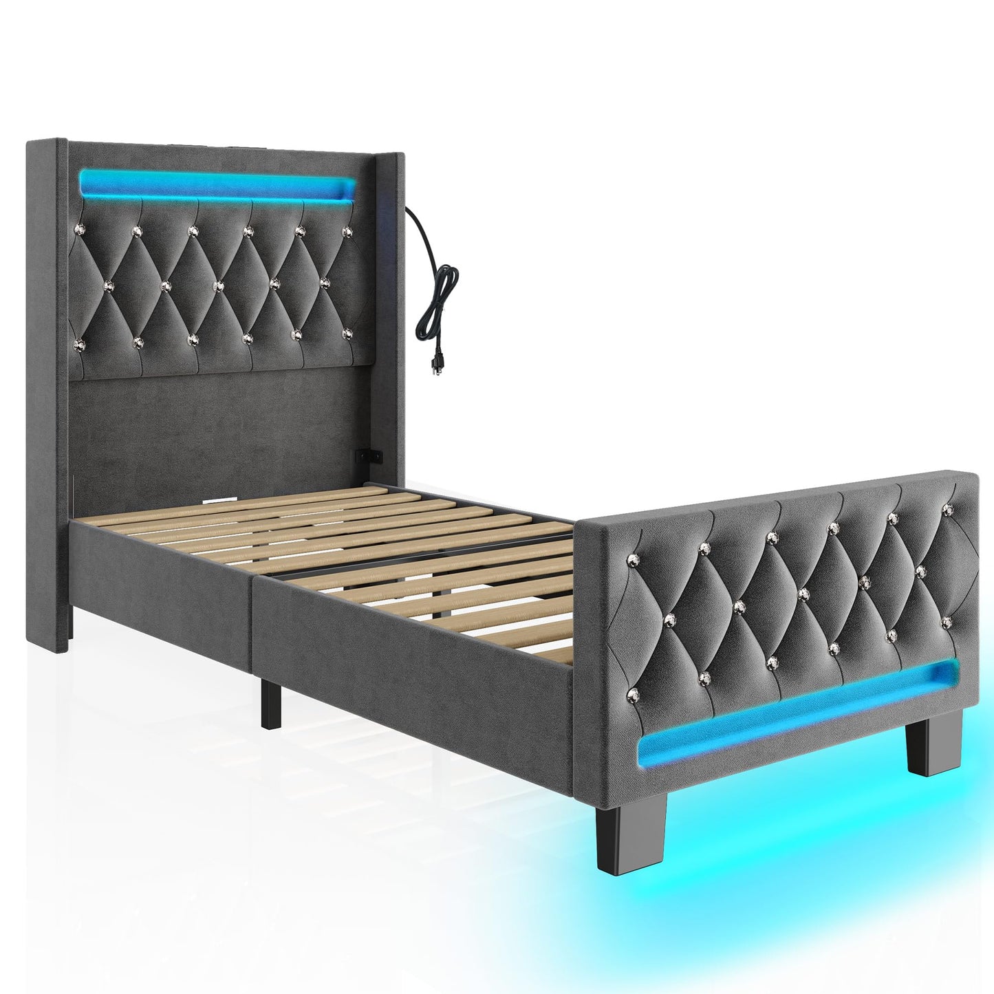 Rolanstar Twin Bed Frame with LED Light and Charging Station, Upholstered High Headboard and Footboard, Wood Slats, Noise Free, Easy Assembly, Grey