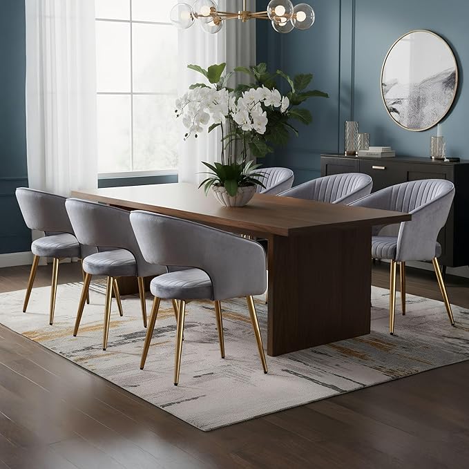 COMULER Grey Velvet Dining Chairs Gold Legs, Modern Dining Room Chairs with Arms Set of 6 Upholstered Accent Chair Armchair with Barrel Back for Kitchen Living Room